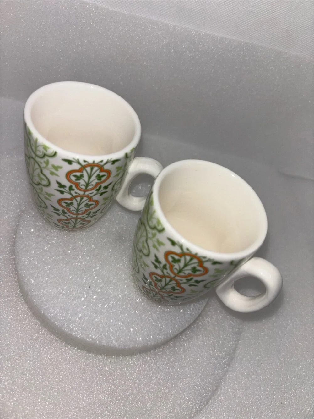 Pier 1 Imports Demitasse Cups White W/ Green & Orange Ceramic Espresso Set of 2